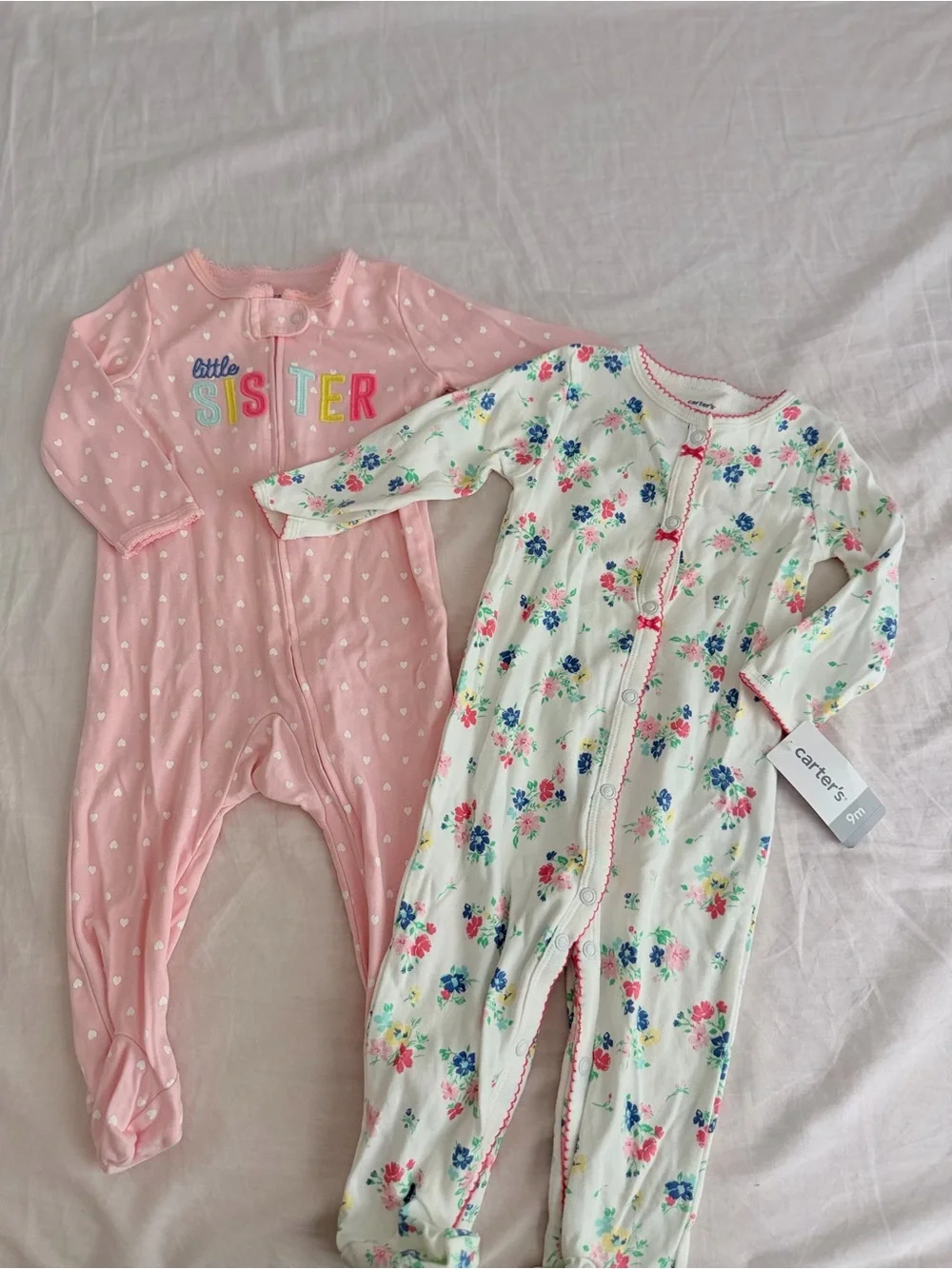 Carter's White Floral Zip Footed Romper & Pink Heart Sleepsuit